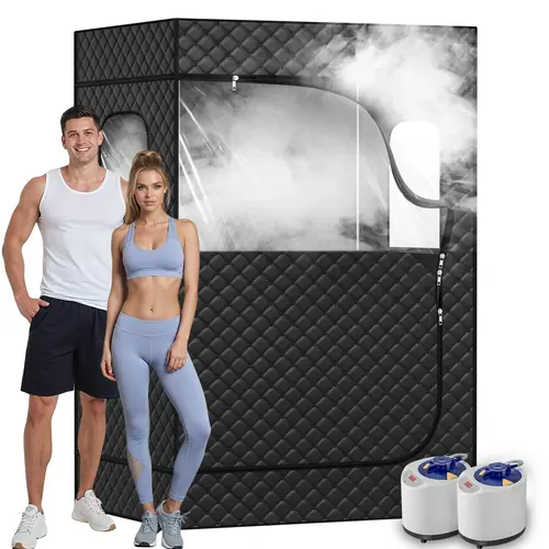 TEHANLD 2-Person Steam Sauna Kit, Indoor 1200W Dual Steam Generator Home Tent with 2 Foldable Chairs, 9-Level Remote Heat Control, 48” Wide x 71” Tall, Black, Assembly Required