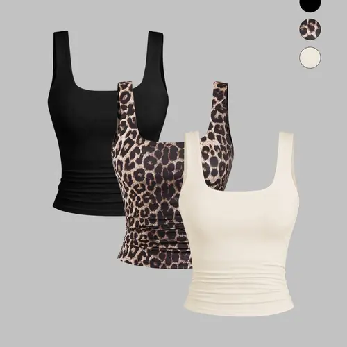 3-Piece Women's Knit Casual Leopard Print Vest Set Summer Slim-Fit Versatile Tank Top Sleeveless Basic Top Fashionable Square-Neck Short T-Shirt Perfect for Daily Commuting, Shopping and Date Outfits