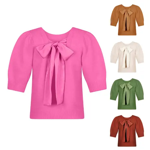 Tanming Womens Tie Back Sweater Puff Short Sleeve Bowknot Knit Tops Casual Spring Summer Fall Work School Vacation Loungewear Outfits Clothing