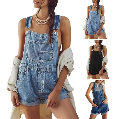 Imily Bela Womenswear Basic Overalls Shorts Denim Bib Straps Shorts Casual Solid Color Minimalist Rompers Jumpsuits With Pockets Pants