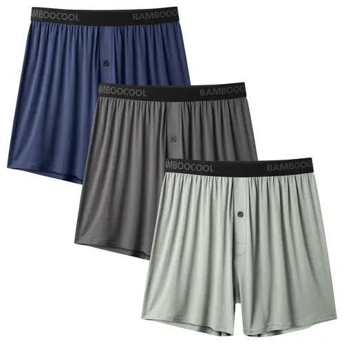 BAMBOO COOL Men's 3-Pack Classic Breathable Knit Boxers - Casual Menswear Underwear, Loose Fit, Soft Fabric, Button Fly, Tagless Elastic Waistband, Stretchy Design for Easy Movement, Above Knee