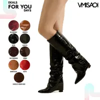 VIMISAOI Knee High Boots For Womens Fold Over Pointed Toe Chunky Block Heel Side Zipper Pull On Croc Embossed Slouchy Trendy Fashion Date Night Party Casual Wedding Office Nightclub Holiday Graduation Tall Long Comfortable Viral Shoes Deals For You Days