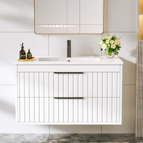 Topwin 30-Inch MDF Wood Modern Wall-Hanging Floating Vanity (29.52x17.71x18.11 in) with Ceramic Vessel Sink, 2 Drawers, Waterproof, Full-Draw Access, Scratch-Resistant, Easy-Wipe, Durability, Numbered Parts for Assembly Required, Space-Saving Open Cabinet