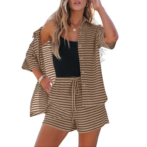 Shewin Women's 2-Piece Striped Pajama Set - Collared Neck Loose Half-Sleeve Button-Down Top, Above-the-Knee Shorts with Pockets, Lightweight Airy Loungewear for Party, Everyday Wear