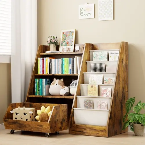 LAST CALL | MDF Wood 4-Tier Rolling Toy Organizer with Multi-Layer Bookshelf, 5-Layer Sling Book Storage, 1 Drawer, Rolling Wheel, Brown Slim Space-Saving Corner Tower, 35.4"w x15.7"d x31.5"h, Above 25 kg Capacity, Assembly Required, Kids Furniture