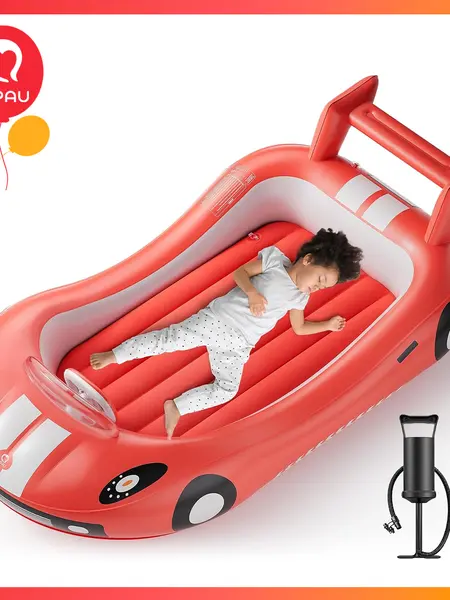 QPAU Inflatable Kids Travel Bed, Toddler Airbed with Sides, Hand Pump Included, Portable Racing Car Design, Safe Materials for Camping, Traveling Hotel Home Use Self Inflating Bed Quick Inflate