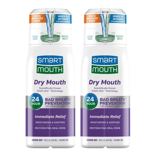 SmartMouth Dry Mouth Zinc Activated Mouthwash - Daily Hydrating Bad Breath Killer Rinse, 2-Multi-Pack, 16 fl oz, Sugar-Gluten-Alcohol-Free, Soothing Mint for Oral Health