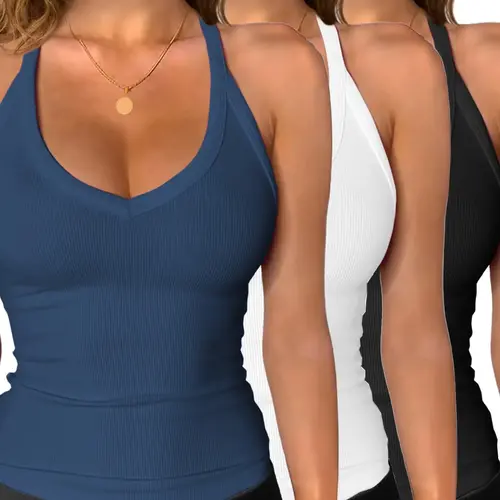 Women's Solid V Neck Ribbed Tank Top, Casual Chic Sleeveless Top for Daily Wear, Ladies Clothes for All Seasons