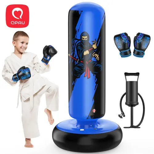 QPAU 66-Inch Inflatable Standing Punching Bag (31"w x 66"h) for 6-12 Years Kids, Premium Double-Layer Structure PVC Boxing Equipment with Gloves, Pump & Stable Base, Inflate with Love, Faster Rebound, Enhances Physical Strength, Halloween Gift
