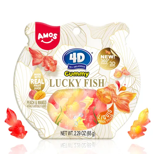 Amos 4D Lucky Fish Gummy – Real Juice Filled, 3D Shaped Goldfish Candy for Fun & Drinks(Peach & Mango Flavor, 65g) Perfect Sweet gift Snack Fruit