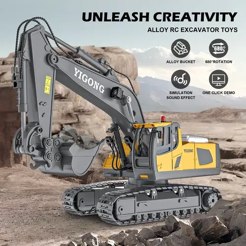 【Gift w/ Personal Touch】Akeleo Hot-Selling Remote-Controlled Excavator Construction Vehicle Set with 9 Channels Rechargeable Batteries Sound & Lighting Effects Birthday Gift for Kids 2.4Ghz Flexible Remote Control Outdoor Toys Fun Play
