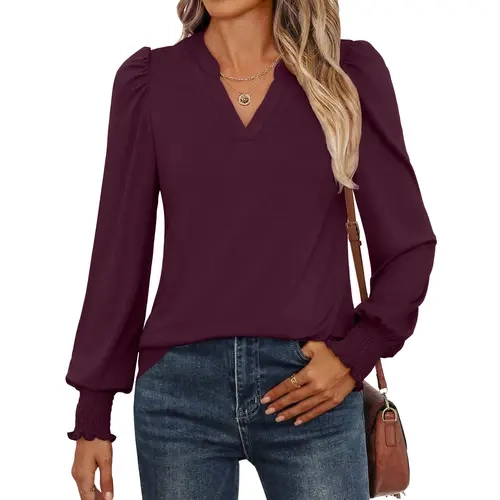 ANRABESS Women's Puff Long Sleeve Shirts V Neck Loose T-Shirts Dressy Casual Work Blouses 2026 Fall Tops Trendy Clothes Outfits Womenswear