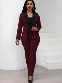 Women's Colorblock Blazer & Straight Leg Pants Set, Elegant Two-piece Set for Work Office Essential Business Attire, Ladies' Suits for All Seasons