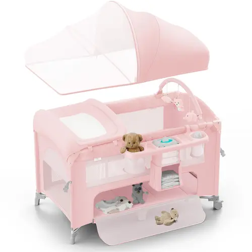 BabyBond 5-in-1 Foldable Playard - Baby Furniture, Newborn Baby Stuff, Oxford Fabric Bassinet with Mattress, Diaper Changer, Bedside Sleeper, Mosquito Net, 3-Height Adjustable Pink Nursery Item for 0-3 Years, Ideal Christmas Gift