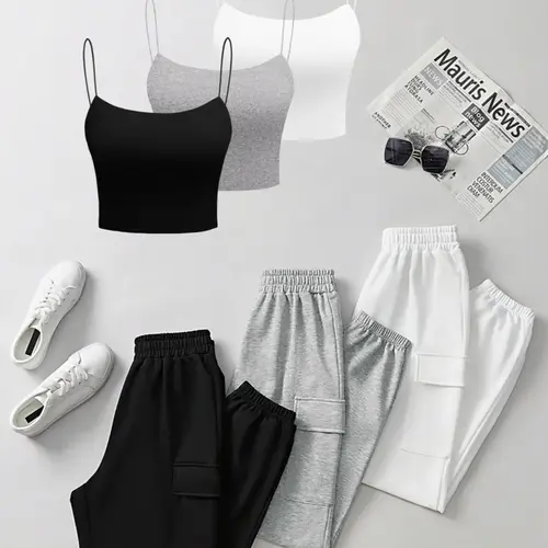 Women's Knit Cami Pants Set, 6-Piece Slim-Fitting Minimalist Casual Set for Spring, Womenswear, Casual Fitted Set