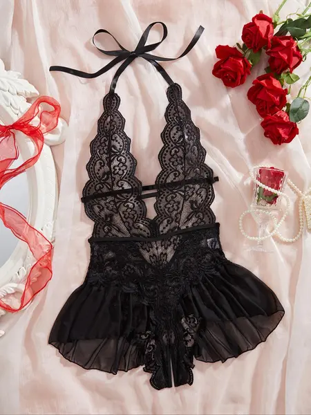 Women's Sexy Fitted Jumpsuit Lingerie, Romantic Cute Style, Semi-Transparent Breathable Lace Fabric, Ideal for Dates Parties, Role Play, All Seasons, Strappy Lingerie