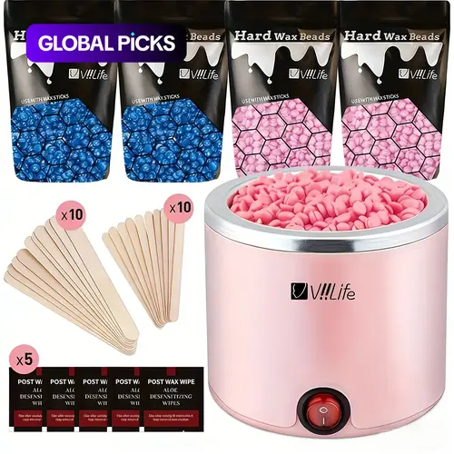 Hard Wax Warmer Kit, Hot Wax Heater Machine Set with Wax Warmer, Wax Beads, Wax Sticks and Wax Wipes, Home Body Hair Removal Waxing Kit for Women and Men, Personal Care Appliance #GLOBAL PICKS