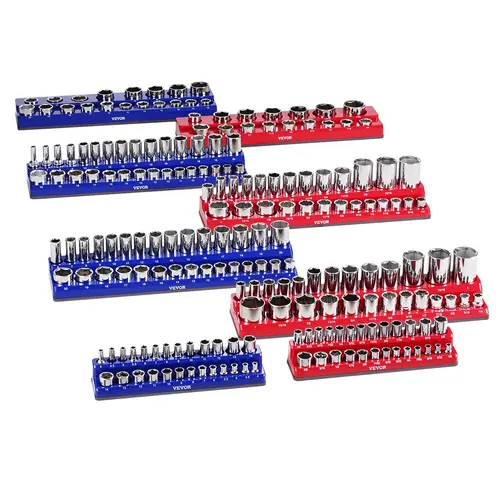 VEVOR Magnetic Socket Organizer Set Socket Kit, Reinforced ABS Blue & Red Trays, 1/8-5/8" SAE Fit (Inches/Millimeters, 199pcs Hold Space), Magnetic Base, High Compatibility, Built to Last, for Auto Repair Garages & Factories