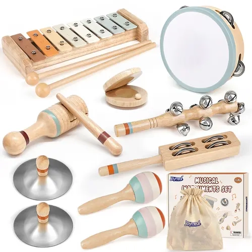 JOYREAL Wooden Musical Instrument Set for Kids, Montessori Toy for Preschool Learning Includes Drum Bells & Accessories,Christmas Gift for Toddlers Percussion