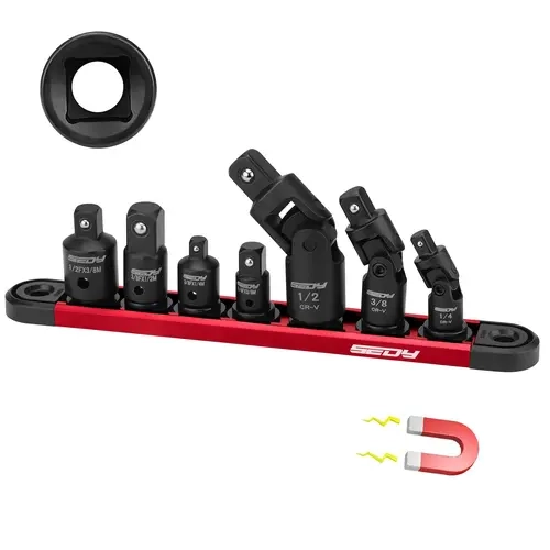 SEDY 7-Piece Universal Socket Set Tool Accessories - Impact Wobble U-Joint & Adapter Set with Magnetic Aluminum Storage Rail, Corrosion-Resist Cr-V Steel, 1/4", 3/8", 1/2" Drives, 7-piece Coverage, Magnetic Rail, Multi-Size for Tough Jobs, Tool Upgrade