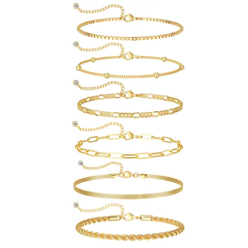 TEWIKY Women's 6Pcs Hypoallergenic Gold Beaded Waterproof Adjustable Bracelet Stacks - 6.5 Inches Trendy Hypoallergenic Jewelry, All-Day Wear 6pcs gd Bracelets Set with Figaro, Herringbone, Paperclip Links, Casual Stackable Gift Accessory