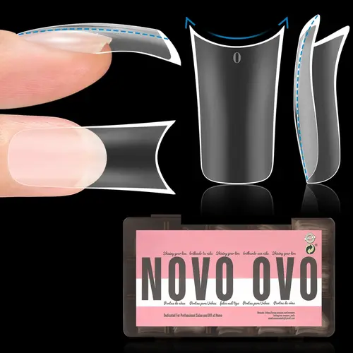 NOVO OVO Extra Thick Medium Duck Press-On Nails with Moon Curve, DIY Middle Length Full Cover Acrylics, Pre-Etched Matte Flare Wide French Soft Gel Extensions (15 Sizes, 150 Pcs)【EXCLUDES: Light, Glue, Builder Gel】