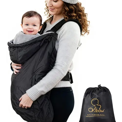 Orzbow Winter Baby Carrier Cover with Detachable Hood, Waterproof & Windproof, Universal for Baby Carriers and Baby Waist Stool, Baby Bunting Bag for Car Seats and Strollers with Storage Bag, Black