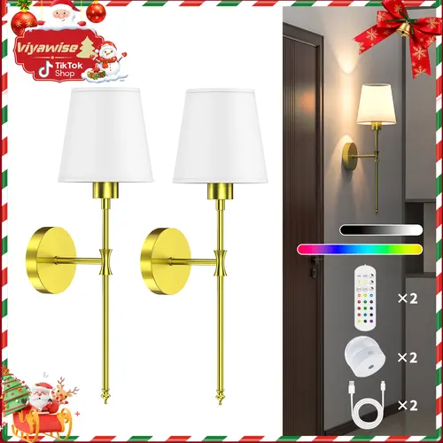 Viyawise Rechargeable Battery-Operated Wireless Wall Sconces (Set of 2) - Indoor Decorative Interior Lights, House Decor Wall Decor Home Goods, Type-C Cables, Remotes, 9-Color Mood Lighting, Adjustable LED Fixtures, Bedroom Vanity Setup