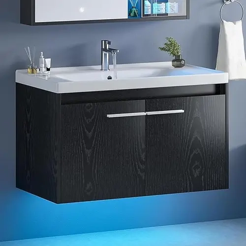 HOMBCK 31" Black Wall-Mount Bathroom Vanity with Rectangular Sink, LED Lights, 2 Doors, Metal Handles, MDF Wood Storage Cabinet, Modern Furniture (Wall-Mount Saves Precious Floor Space, Includes DIY Install Guide, Assembly Required)#SohoChic#Homemakeover