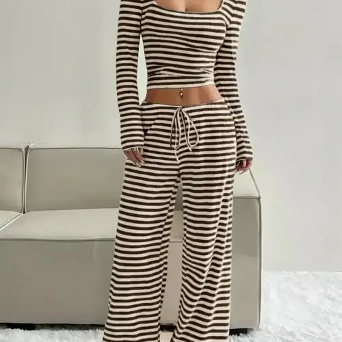 Women's Casual Striped Square Neck Long Sleeve Slim Fit Knit Top & High Waist Pants Set, Two Piece Outfit, Womenswear Fall Winter Fashion Outfit Fitted