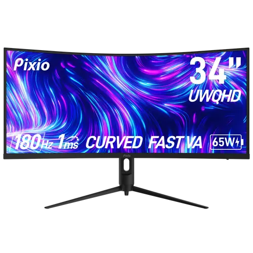 Pixio PXC348C Neo Fast VA Curved 34in Ultrawide Gaming Monitor - 1ms Response, 180Hz, 65W, Adjustable Arm, Built-in Speakers, DP Port, for Gaming, Work Use
