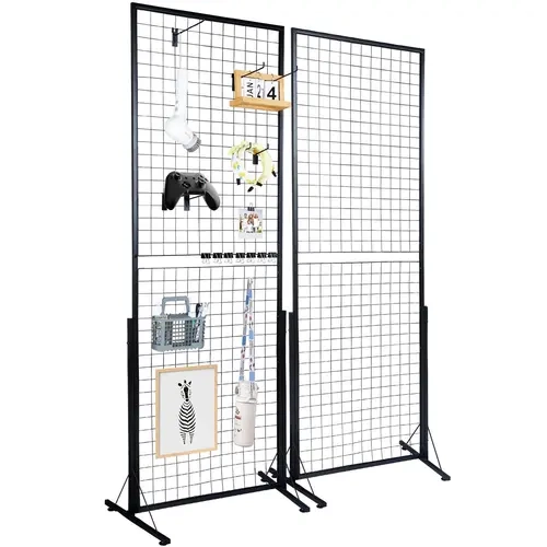 VEVOR 2-Pack 2'x5.6' Hangable Wire Mesh Grid Wall Panel Tower Set, Floorstanding Commercial Storage Organization Racks with T-Base, Double-Side Panels, 60lb Capacity, Leveling Feet, Extra Clips & Hooks for Room Shows Installation & Decoration