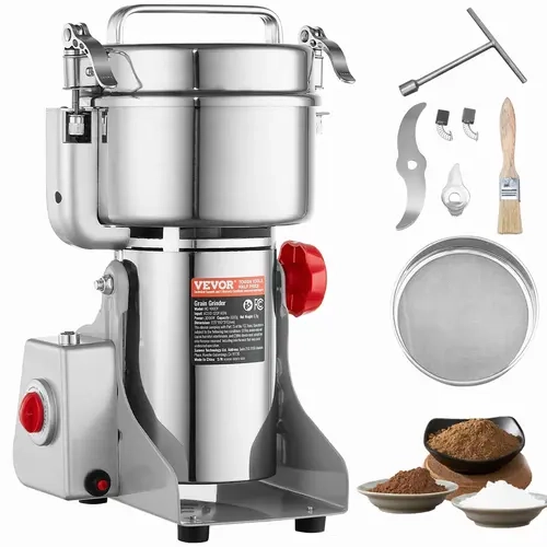 【Fallpicks】VEVOR 3000W Industrial Stainless Steel Automatic Electric Grain Mill Grinder, 1000g Capacity, 28000(r/min) High-Speed 270° Swing-Type Commercial Pulverizer with Blades, Lid, Overload Safety, 30s Fine Powder, 30–300 Mesh for Dry Grains, Spices