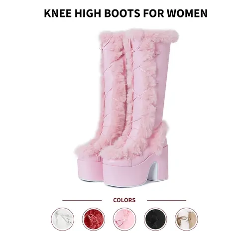 VIMISAOI Knee High Boots For Women Round Toe Chunky Block Heels Side Zipper Plush Faux Fur Lace Up Warm Party Dress Casual Outdoor Concert Night Out Comfortable Stylish Furry Fluffy Fashionable Platform booties Shoes