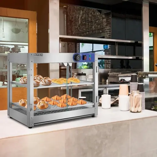 ROVSUN 2-Tier Food Warmer, 800W Commercial Food Warmer Display Electric Countertop Food Pizza Warmer with LED Lighting Removable Shelves Glass Door, Pastry Display Case for Buffet Restaurant 110V