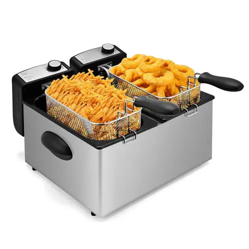 SUSTEAS Chrome Electric Dual Tank Countertop Fryer - 4.8 QT Oil Capacity Kitchen Appliance, 3 Nonstick Baskets, 1800W Immersed Heating Element, Adjustable Temperature (265°F-375°F), Cool Touch Sides, Easy to Clean & Use for Home Cooking, Adjustable Temper