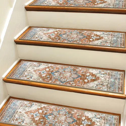 [FallDealsForYou] HEBE Self-Adhesive Flat Weave Floral Print Traditional Carpet Stair Treads (15Pcs, 8"x30"), Indoor Peel-and-Stick Anti-Slip Grip for Wooden Steps, Sturdy, Easy to Install, Reusable, Cleanable, Wrinkle-Resistant, Ideal for Room Decor