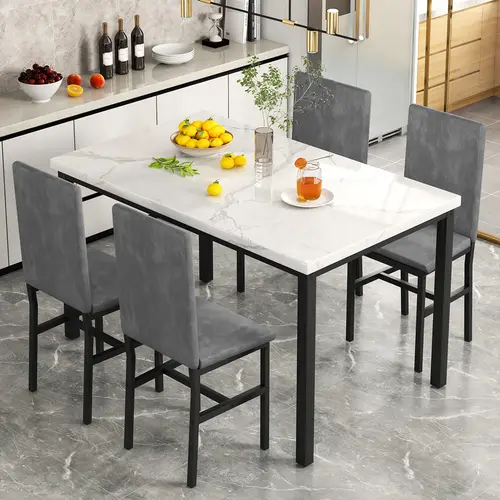 Recaceik Modern 5-Piece Dining Table Set with Faux Marble Top & 4 Comfortable Velvet Chairs for Small Kitchen Space Easy Assembly Gray Home Decor Furniture Interior Design tiktokshopspringglowup cozyhome