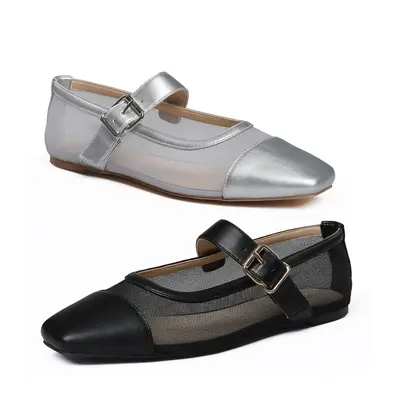 CYNLLIO Mary Jane Shoes Women Square Toe Adjustable Buckle Strap Mesh Ballerina Flats Slip on Prom Casual Party Dancing Shoes