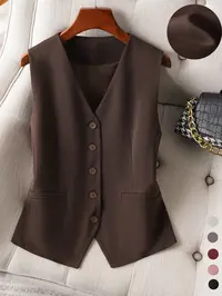 Women's V-Neck Button-Front Short Gilet, Plain Design, Fitted Style, Spring & Fall Casual Wear, Practical Pockets, Minimalist Look, Basic