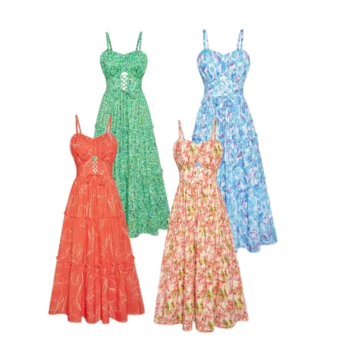 Grace Karin Women's Boho Floral Smocked Tiered Spaghetti Strap A-Line Midi Dress - 98% Polyester, Breathable, Smocked Back Fit, Pockets, Festival & Birthday & Evening Wear, Casual Womenswear