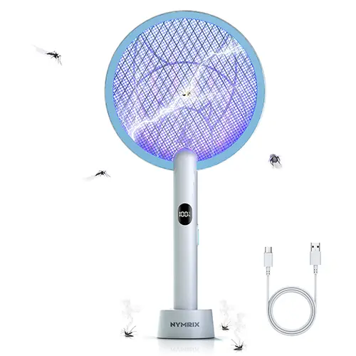 Compact Electronic Mosquito Zapper Killer - Handheld 4100V Cordless 4W Electric Fly Swatter, 1800mAh Rechargeable Lithium-Ion Battery, Type-C Port, Auto Mode/Purple Light, 3-Layer Safety Mesh Cover, 11"x1.77"x17.28" Blue, for Indoor/Outdoor Household Use