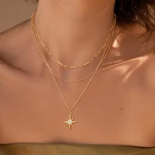 VENOCO Layered Gold Necklace Set for Women - 3-Piece 14K Gold Plated Adjustable Layering Chains with Paperclip, Box Chain & CZ Star Pendant, Daily Casual Elegant Trendy Jewelry Gift Box