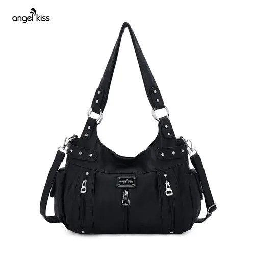 Angel Kiss Women's Vintage Washed PU Leather Tote Bag - 14"x5"x9.5" Large, 3way Strap Swap Adjustable, Crossbody Hobo, Purses for Women, Everyday Purse, Ideal for Back to School Shopping Gifts