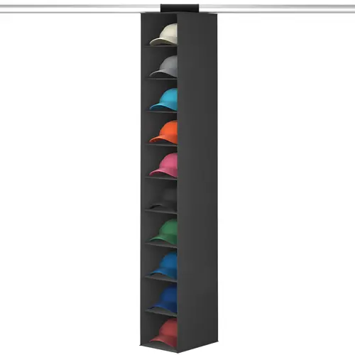 Lifewit Hanging Hat Storage Rack, Foldable Non-Woven Fabric Rod Hanger with 7 Rod-Hang Slots, 10 Compartments, Reinforced Stitching, Top Hook-and-Loop Grips, Space-Saver Black Rectangle Closet Organizer