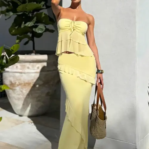 Women's Solid Strapless Blackless Tube Top & Bodycon Skirt Set, Casual Fashion Cozy Two-piece Outfits for Daily Holiday Vacation Wear, Ladies Clothes for Summer Easter
