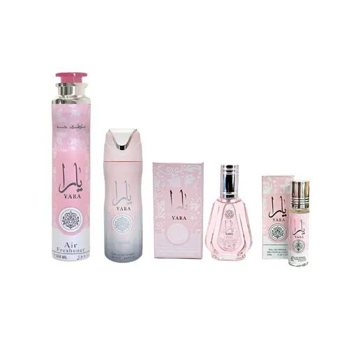 Lattafa Yara Women's Fruity Sweet Floral Perfume Multi-Pack - 3-3.9 fl oz Floral EDP, Liquid Musk EDP, 10ml Roll-On, 300ml Air-Freshener, 200ml Deodorant, Citrus-Sweet Vanilla-Tropical Fruit Blend, Adult Gifts, 36-Month Shelf Life, Freshness & Convenience