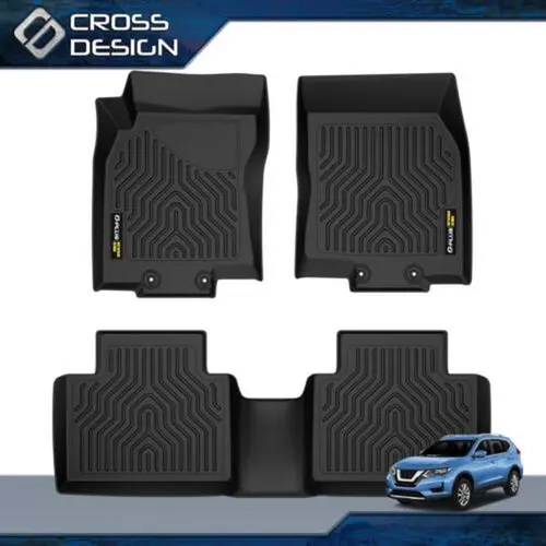 CROSSDESIGN Upgraded TPE 3D Design Car Floor Mats - All Seasons Odor Friendly Car Interior Accessory, 3D Crease Recovery, Anti-Slip Waterproof, Durable, Under-Seat Storage, 3PCS Set Fit for 14-23 Nissan Rogue/08-24 Frontier Crew Cab w/ 2nd Row