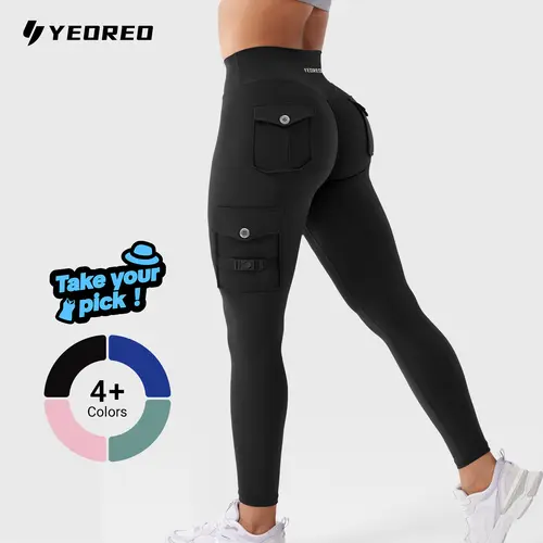YEOREO CoreFlex Women's High Waisted Side Pocket Leg Cargo Leggings - Hidden Scrunch Butt Lifting, Elastic Running Pants, Stretchy Gym Legging, Anti-Odour All Seasons Fitness Pants, Hand Wash Only Activewear Sports Bottoms