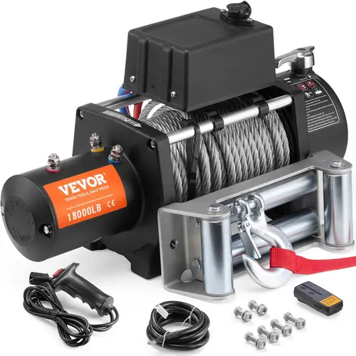 VEVOR 12V DC Electric Vehicle Recovery Winch, 18000 lb Capacity, 19-Strand Steel Cable (65.61 ft/20m), IP65 Waterproof, Wireless/Wired Remotes, 3-Stage Planetary Gear, 5.7hp, Insulated Heavy-Duty Tool for 4x4 Offroad Trucks, Heavy Load Hauling